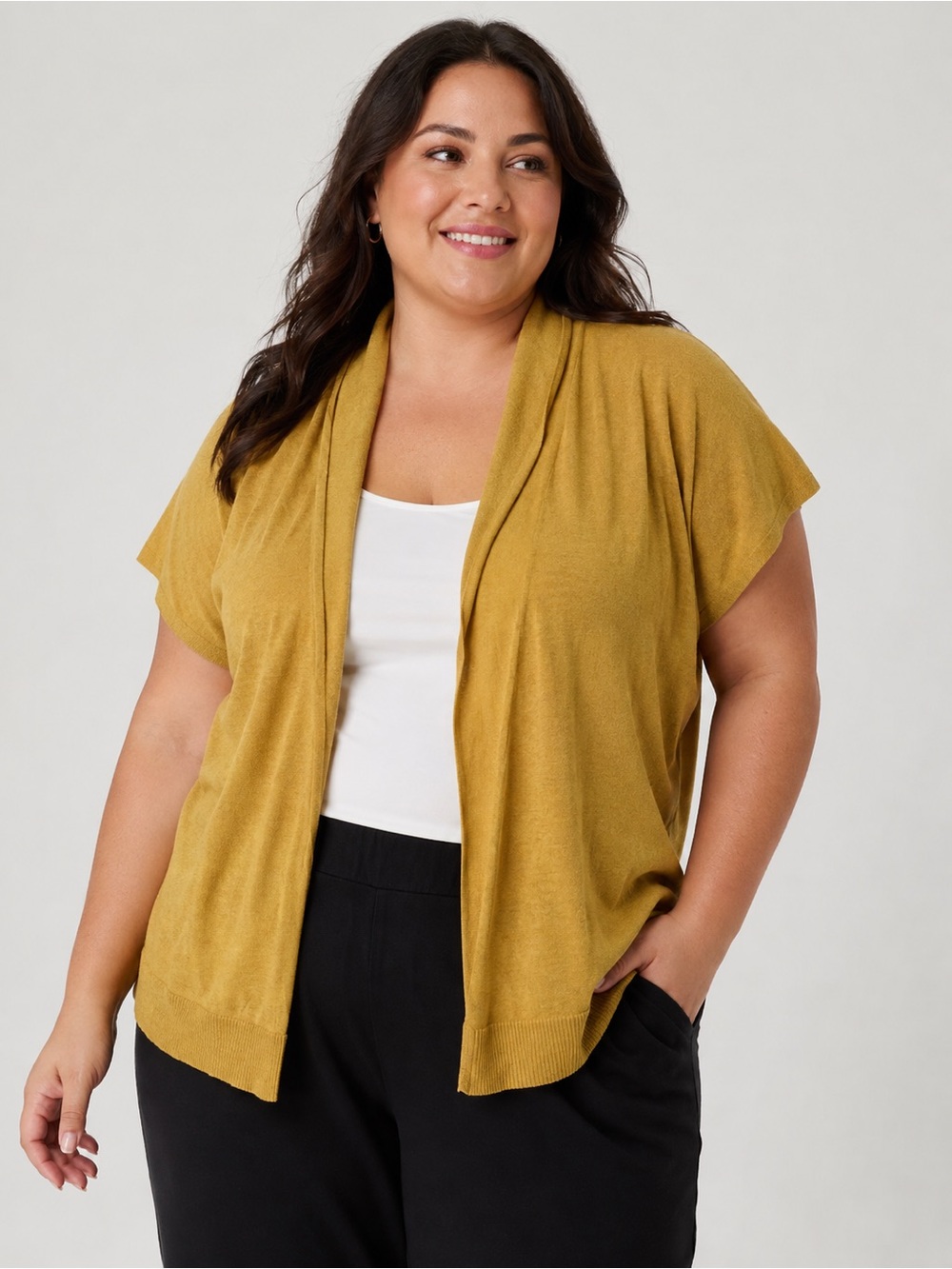 Eileen Fisher Organic Cotton Cardigan 3X Mustard Yellow Open Front Short Sleeve